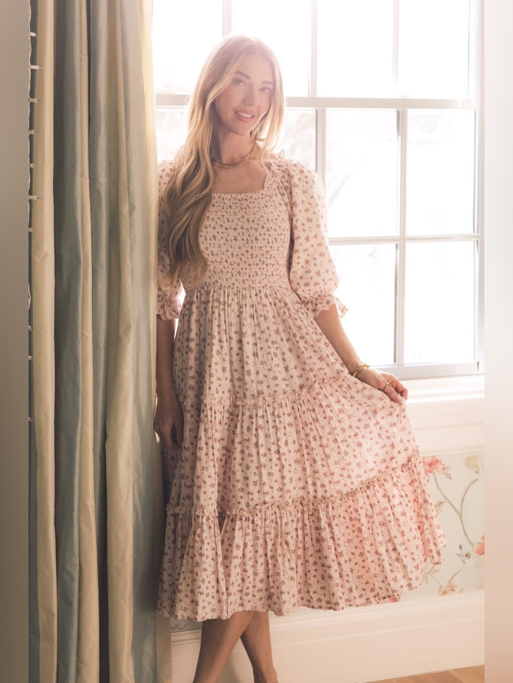 IVY CITY Madeline Tiered Cotton Maxi Dress Pink Floral Large